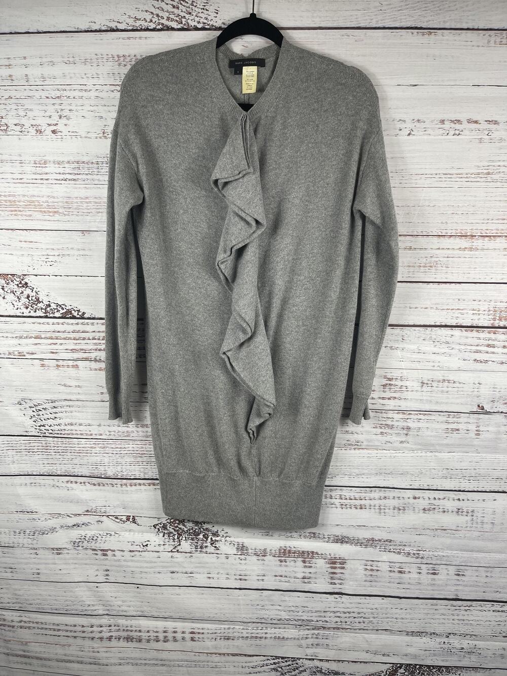 Vintage Marc Jacobs Sweater Tunic Dress S Gray Cashmere Ruffle Front Knit Italy
